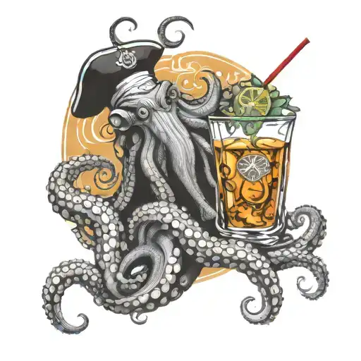 Bartender octopus creating a signature cocktail with tentacles tattoo design idea