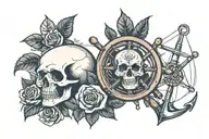 skull rose and ship wheel tattoo design idea