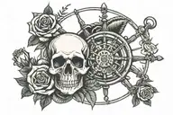 skull rose and ship wheel tattoo design idea