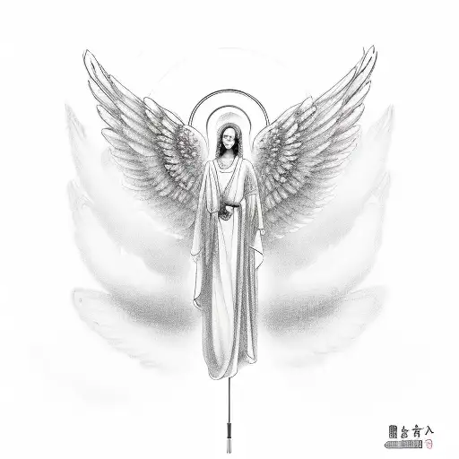 wings with a halo. November 2003 in Chinese. with a vertical arrow going through everything  tattoo design idea