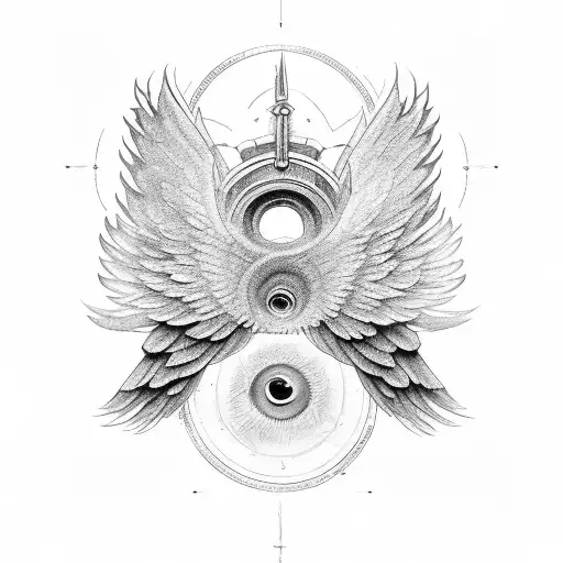 wings with a halo in the center with the words November 27 2003 in chinese underneath it. with a spear tattoo design idea
