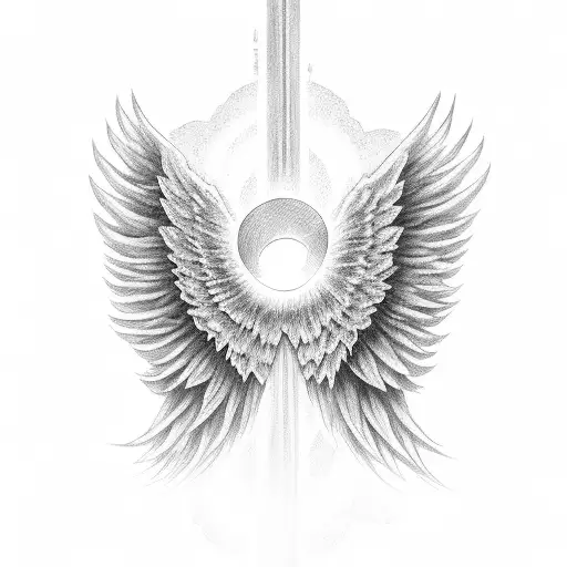 wings with a halo in the center with the words November 27 2003 in chinese underneath it tattoo design idea