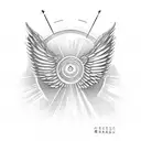 wings with a halo. November 2003 in Chinese. with a vertical arrow going through everything  tattoo design idea