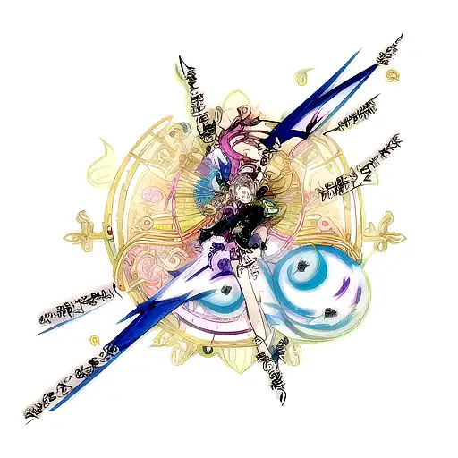 A mesmerizing tattoo design featuring a fusion of manhwa and anime characters surrounded by musical notes. tattoo design idea