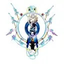 A mesmerizing tattoo design featuring a fusion of manhwa and anime characters surrounded by musical notes. tattoo design idea