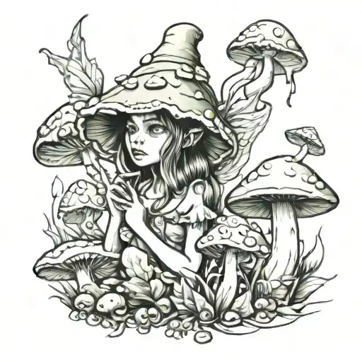Fairy with mushrooms tattoo design idea