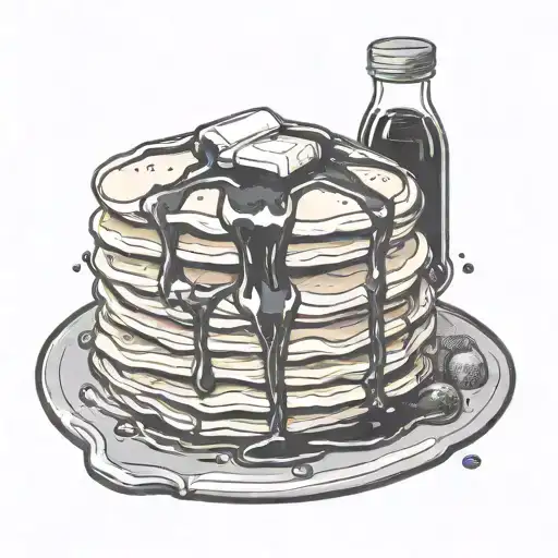 pancakes, poured maple syrup, label says sticky slime tattoo design idea