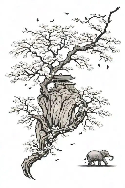 Cherry Blossom tree on rocky cliff with petals falling with an Elephants face withing the cliffside tattoo design idea