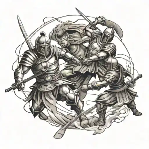spartan, gladiator, samurai and knight fighting each other tattoo design idea