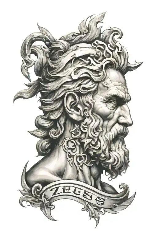 zeus's face half normal half with code and letters and lightning  tattoo design idea