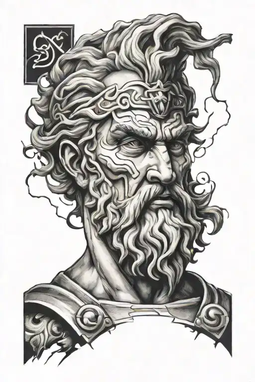 zeus's face  with code and letters and lightning  tattoo design idea