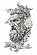 zeus's face half normal half with code and letters and lightning  tattoo design idea