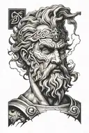 zeus's face  with code and letters and lightning  tattoo design idea