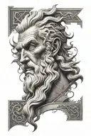 zeus's face  with code and letters and lightning  tattoo design idea