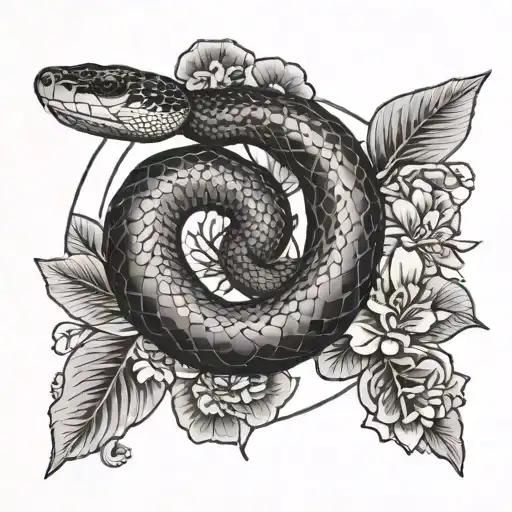 I would like to have a uroboros snake in a circle, that is delicate and surrounded by ceiba flowers. tattoo design idea