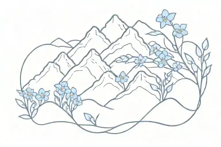 very simple mountains with forget me nots flower wrapped tattoo design idea