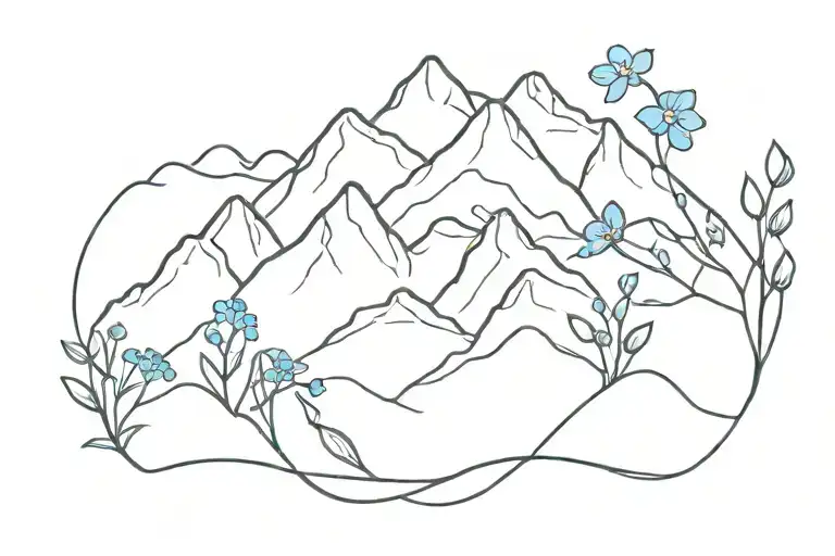 very simple mountains with forget me nots flower wrapped tattoo design idea