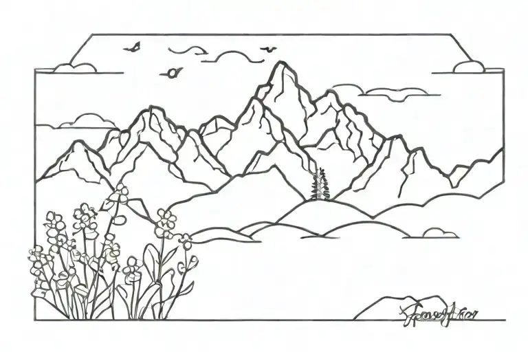 mountains with forget me nots tattoo design idea