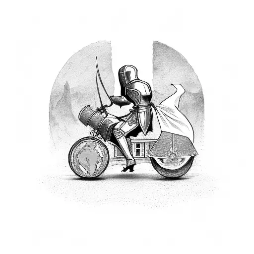 A medieval knight riding a motorcycle with a pack of loyal dogs by his side tattoo design idea