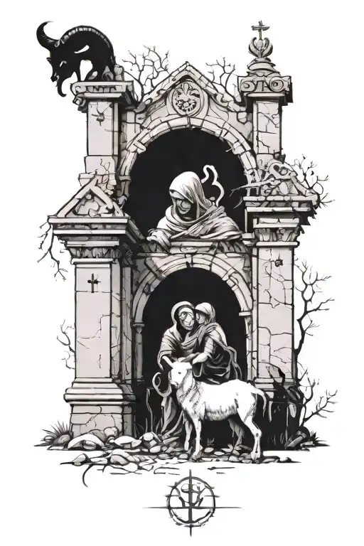 a ruined chapel with a cemetery scene with a woman and man with ram horns  tattoo design idea