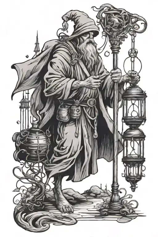 hermit with face hidden, walking staff in one hand, lantern in the other hand, dark gothic style, tarot card tattoo design idea