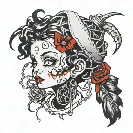 betty boop head surrounded by barbed wire wrapped tattoo design idea