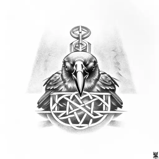 A detailed black and grey tattoo of a raven holding a wrench in its beak, surrounded by the valknut symbol tattoo design idea