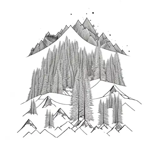 3 mountain peaks, few tiny coniferous trees showing the scale of these mountains, few stars and distant galaxies tattoo design idea