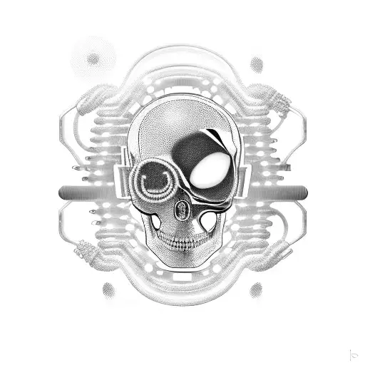 A futuristic cyborg skull with circuitry details intertwined with musical notes and symbols tattoo design idea