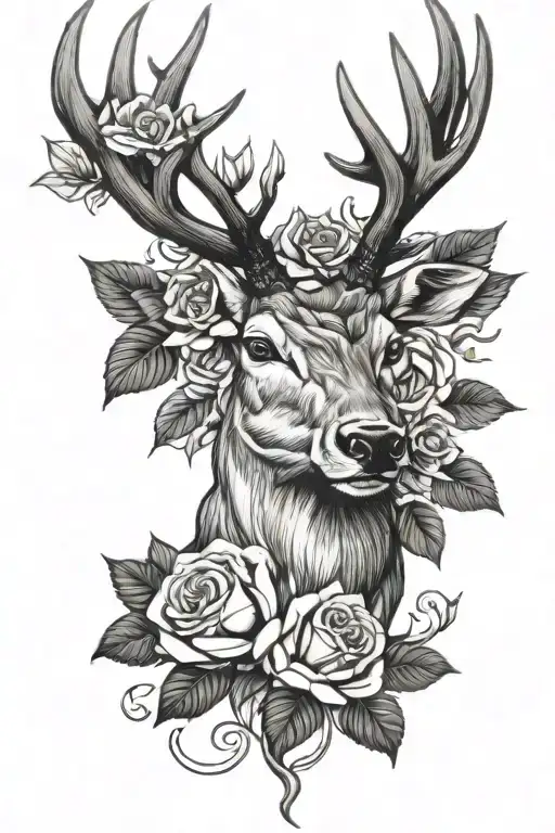 stag head  and roses facing forward   tattoo design idea