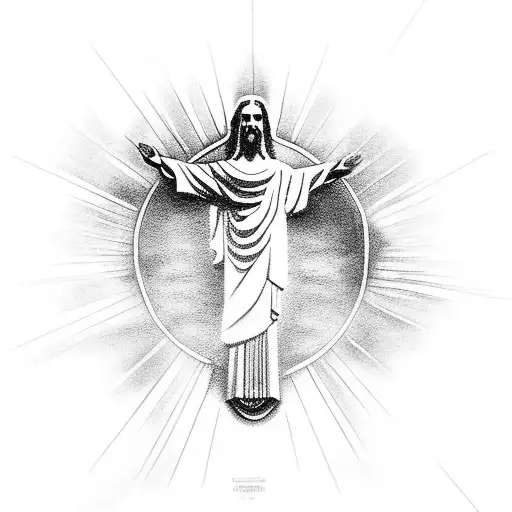 the statue of christ the redeemer with a dove up above shining rays of light tattoo design idea