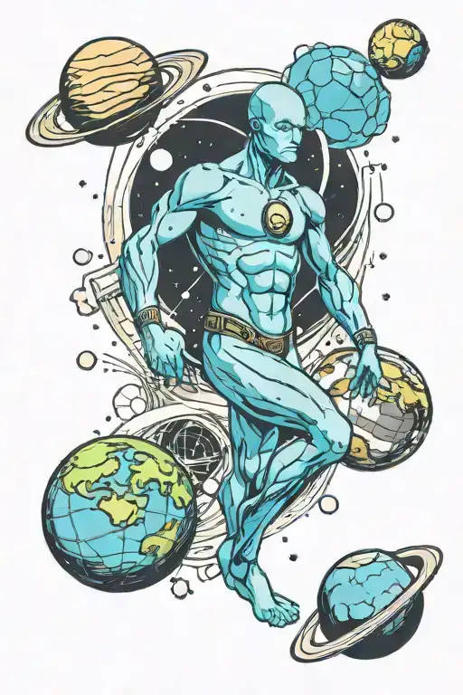 dr manhattan and planets orbiting astronaut with Earth tattoo design idea