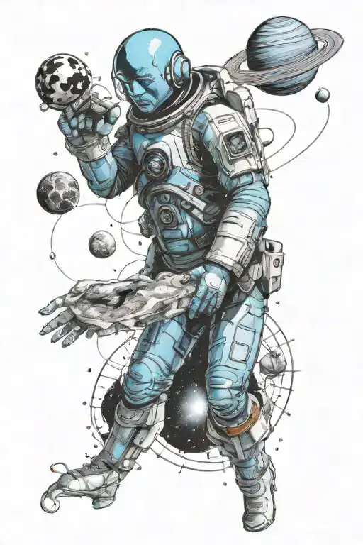 dr manhattan and planets orbiting astronaut with Earth tattoo design idea