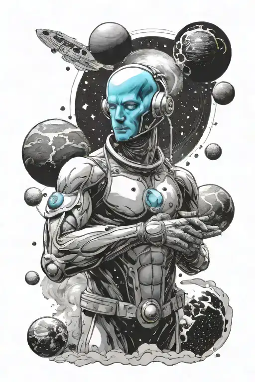 dr manhattan and planets orbiting astronaut with Earth tattoo design idea