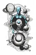 dr manhattan and planets orbiting tattoo design idea