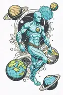 dr manhattan and planets orbiting astronaut with Earth tattoo design idea