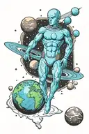dr manhattan and planets orbiting astronaut with Earth tattoo design idea