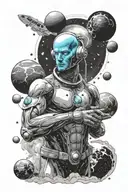 dr manhattan and planets orbiting astronaut with Earth tattoo design idea