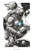 dr manhattan and planets orbiting astronaut with Earth tattoo design idea