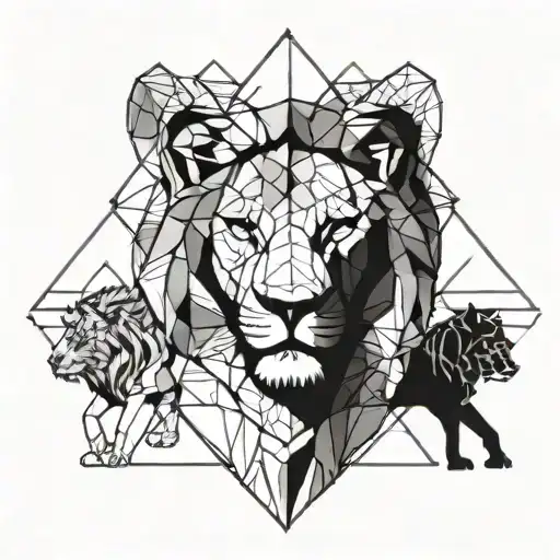 A geometric design incorporating various animals such as a lion, elephant, and wolf tattoo design idea