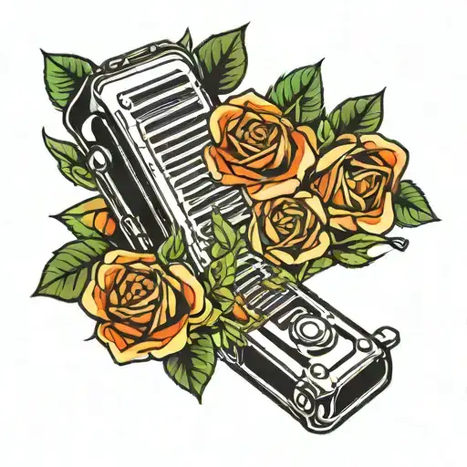 Harmonica and roses tattoo design idea