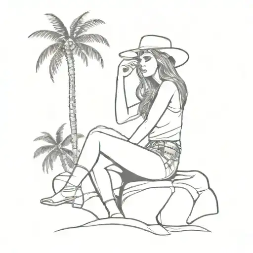 sexy semi nude petite cowgirl sitting on rock on a beach with legs crossed with palm trees  tattoo design idea