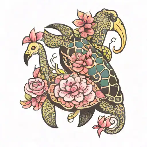 Sea turtle, elephant, flamingo tattoo design idea