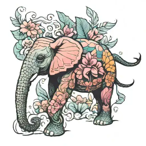 Sea turtle inside elephant with flamingo standing tattoo design idea