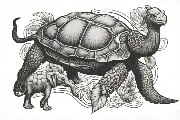 Sea turtle with elephant and a flamingo tattoo design idea