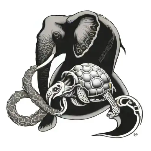 Elephant, Flamingo, sea turtle, infinity sign intertwined tattoo design idea