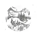 An abstract representation of the Northern Lights dancing over a tranquil forest, with a constellation of animals hidden within the aurora tattoo design idea