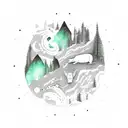 An abstract representation of the Northern Lights dancing over a tranquil forest, with a constellation of animals hidden within the aurora tattoo design idea