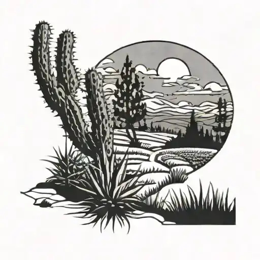 Evergreen Tree, wheat field, and cactus growing tattoo design idea
