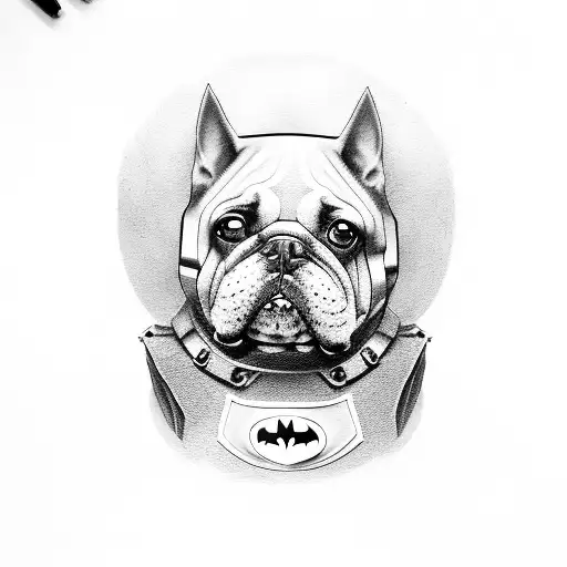 A realistic portrait of a dog wearing a Batman mask tattoo design idea